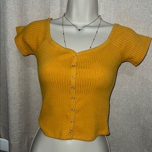 Mustard Button-Up Ribbed Top